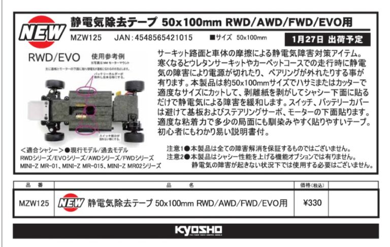 KYOSHO RC Information　静電気除去テープ 50x100mm ミニッツ RWD/AWD/FWD/EVOシリーズ用 新登場！