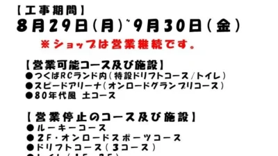 つくばRC（ラジコン）パーク　つくばRCパーク・センターアリーナ改装工事のお知らせ