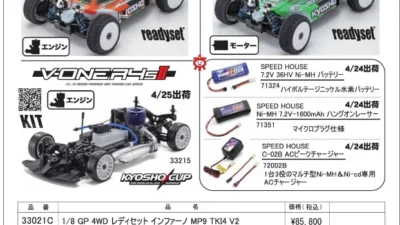 KYOSHO RC Information　インファアーノ レディセット、V-ONE R4sⅡキット、各種バッテリーの 再入荷を発表