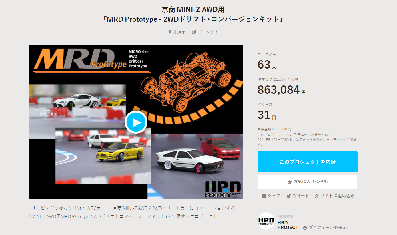 HRD PROJECT　”京商 MINI-Z AWD用「MRD Prototype – 2WDドリフト・コンバージョンキット」”クラウドファンディング　2024年4月20日 時点進捗状況