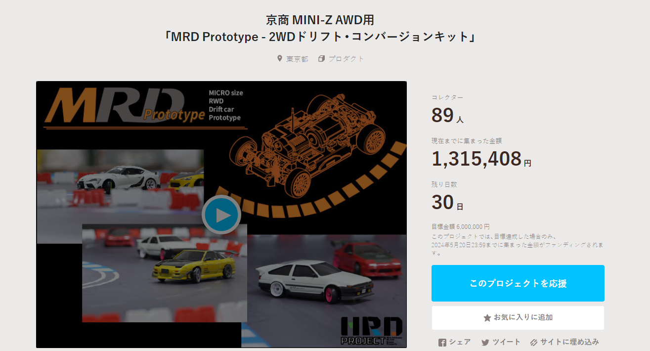 HRD PROJECT　”京商 MINI-Z AWD用「MRD Prototype – 2WDドリフト・コンバージョンキット」”クラウドファンディング　2024年4月21日 時点進捗状況
