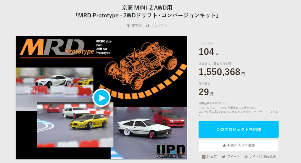 HRD PROJECT　"京商 MINI-Z AWD用「MRD Prototype - 2WDドリフト・コンバージョンキット」"クラウドファンディング　2024年4月22日 時点進捗状況