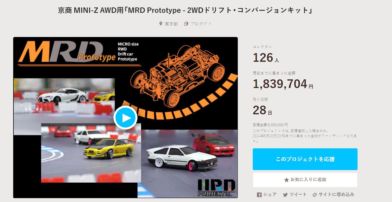HRD PROJECT　”京商 MINI-Z AWD用「MRD Prototype – 2WDドリフト・コンバージョンキット」”クラウドファンディング　2024年4月23日 時点進捗状況
