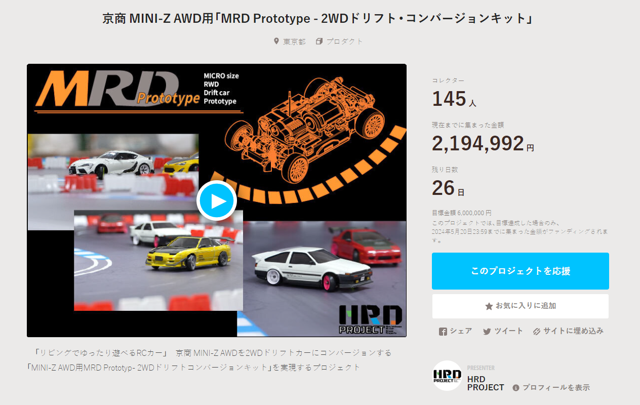 HRD PROJECT　”京商 MINI-Z AWD用「MRD Prototype – 2WDドリフト・コンバージョンキット」”クラウドファンディング　2024年4月25日 時点進捗状況