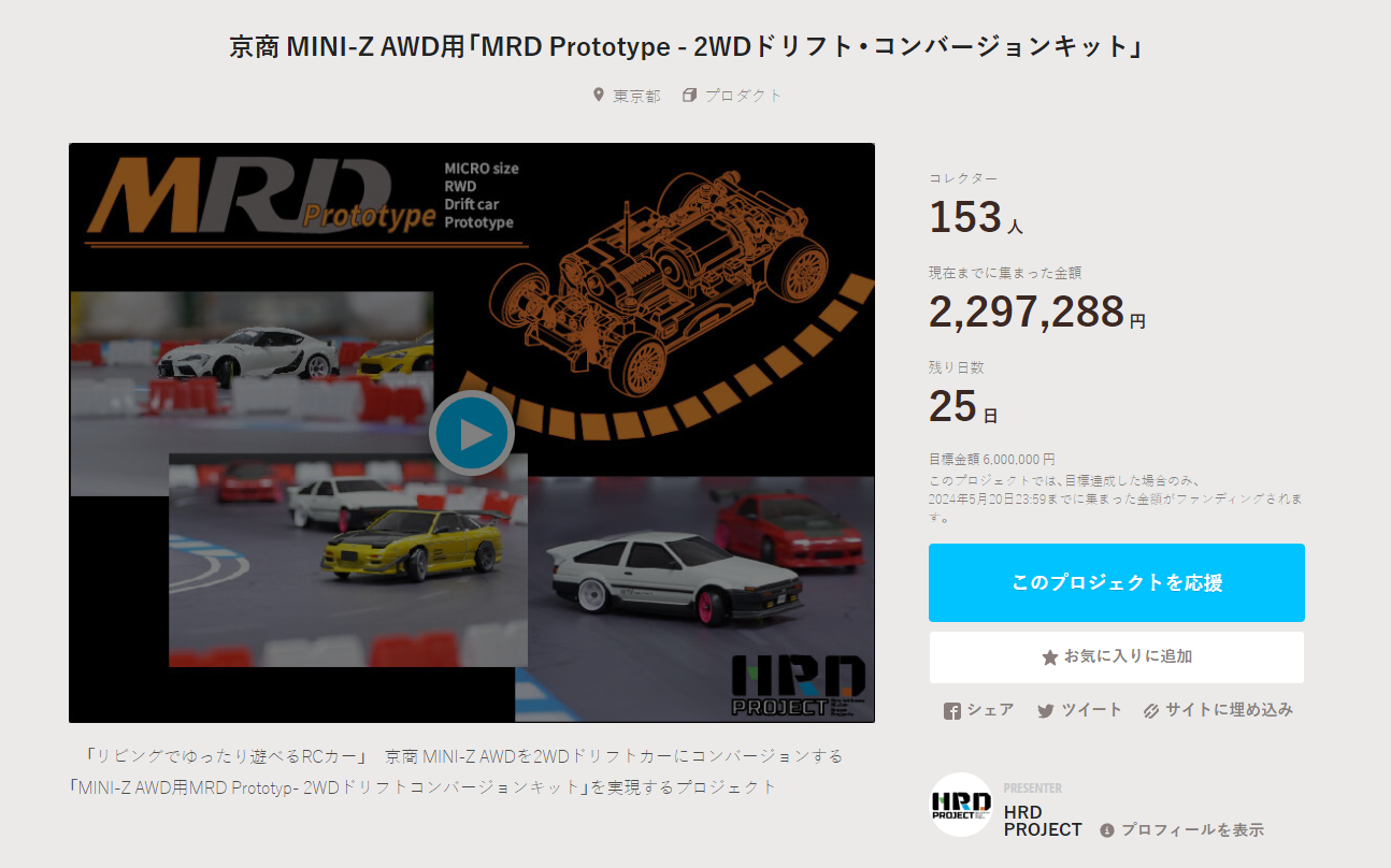 HRD PROJECT　”京商 MINI-Z AWD用「MRD Prototype – 2WDドリフト・コンバージョンキット」”クラウドファンディング　2024年4月26日 時点進捗状況
