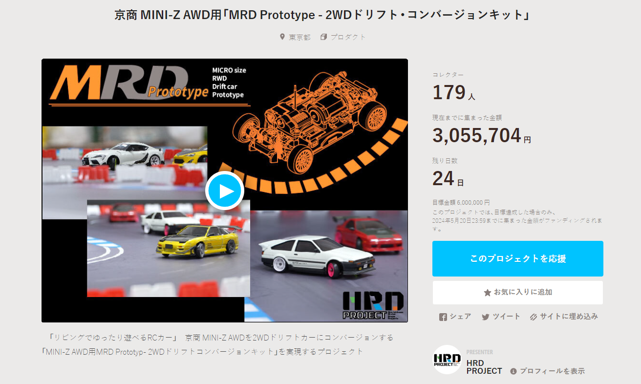 HRD PROJECT　”京商 MINI-Z AWD用「MRD Prototype – 2WDドリフト・コンバージョンキット」”クラウドファンディング　2024年4月27日 時点進捗状況