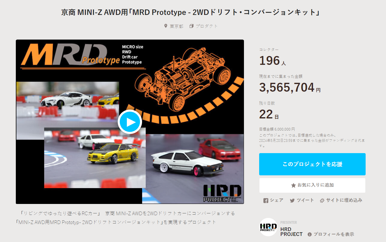 HRD PROJECT　”京商 MINI-Z AWD用「MRD Prototype – 2WDドリフト・コンバージョンキット」”クラウドファンディング　2024年4月29日 時点進捗状況