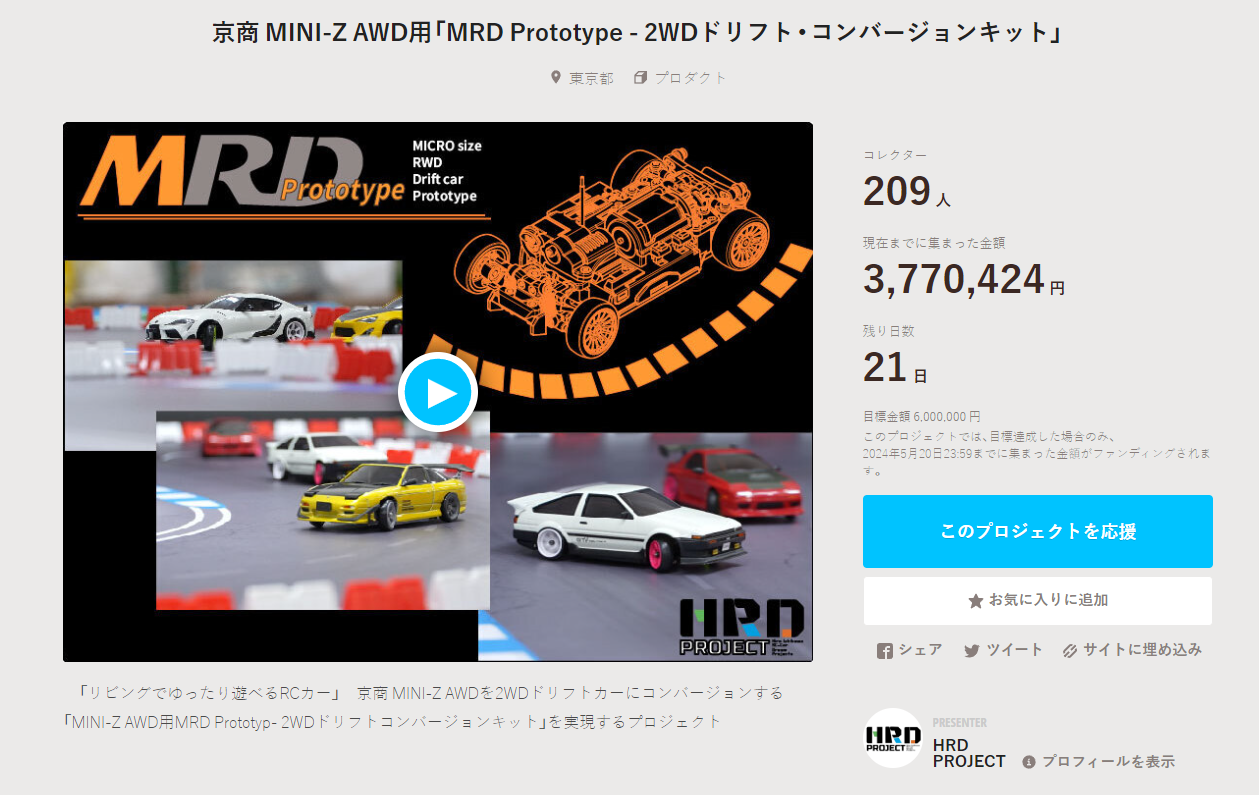 HRD PROJECT　”京商 MINI-Z AWD用「MRD Prototype – 2WDドリフト・コンバージョンキット」”クラウドファンディング　2024年4月30日 時点進捗状況