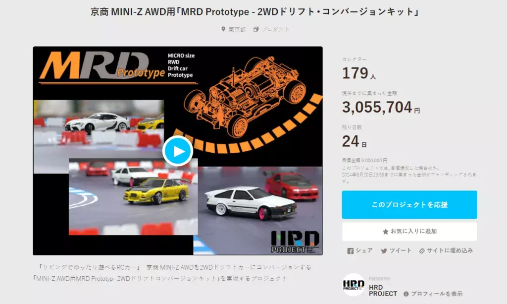 HRD PROJECT　"京商 MINI-Z AWD用「MRD Prototype - 2WDドリフト・コンバージョンキット」"クラウドファンディング　2024年4月27日 時点進捗状況
