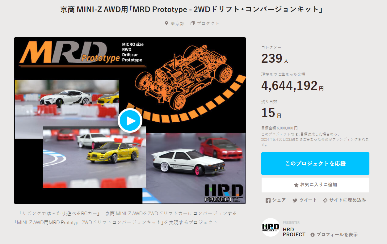 HRD PROJECT　”京商 MINI-Z AWD用「MRD Prototype – 2WDドリフト・コンバージョンキット」”クラウドファンディング　2024年5月6日 時点進捗状況