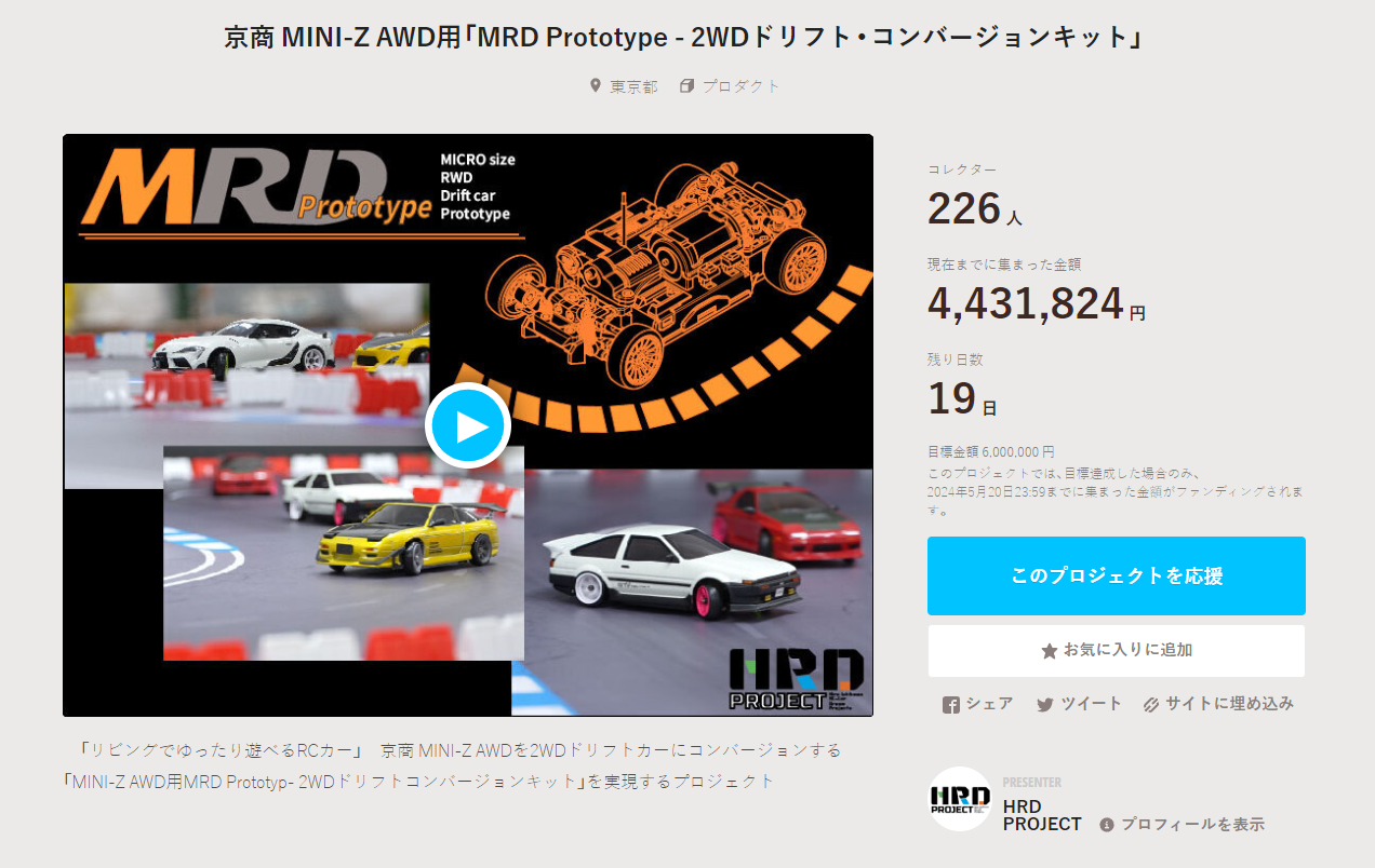 HRD PROJECT　”京商 MINI-Z AWD用「MRD Prototype – 2WDドリフト・コンバージョンキット」”クラウドファンディング　2024年5月2日 時点進捗状況