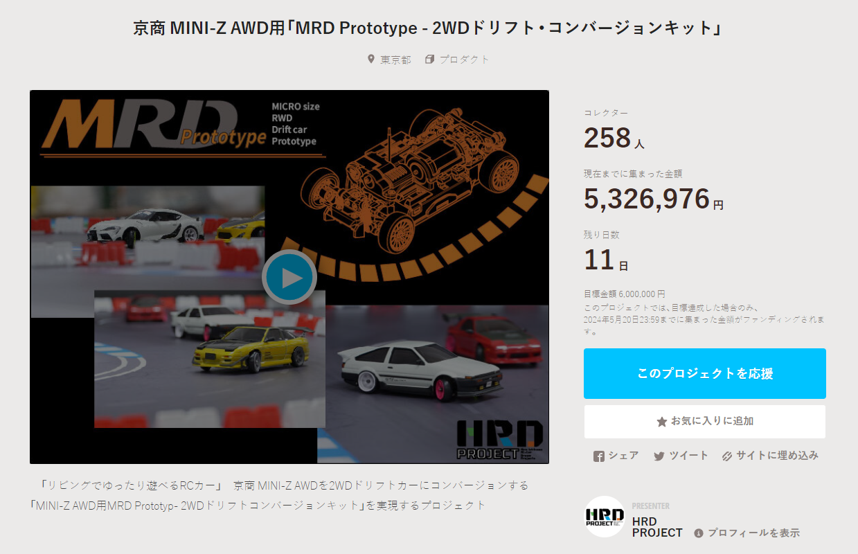 HRD PROJECT　”京商 MINI-Z AWD用「MRD Prototype – 2WDドリフト・コンバージョンキット」”クラウドファンディング　2024年5月10日 時点進捗状況
