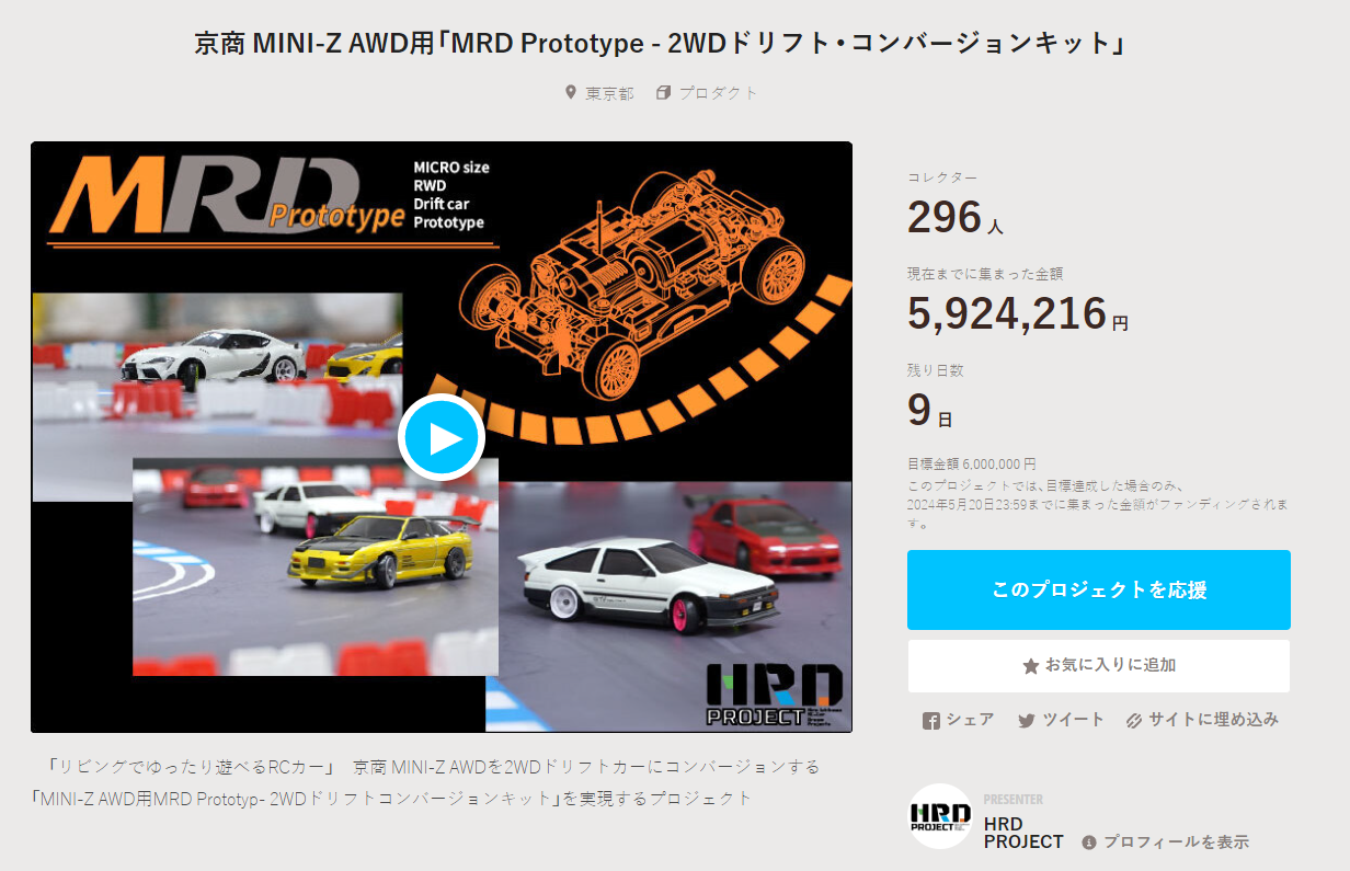 HRD PROJECT　”京商 MINI-Z AWD用「MRD Prototype – 2WDドリフト・コンバージョンキット」”クラウドファンディング　2024年5月12日 時点進捗状況
