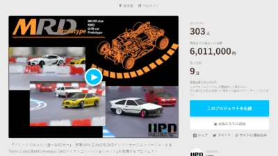 HRD PROJECT　”京商 MINI-Z AWD用「MRD Prototype – 2WDドリフト・コンバージョンキット」”クラウドファンディング　目標金額である600万円を達成