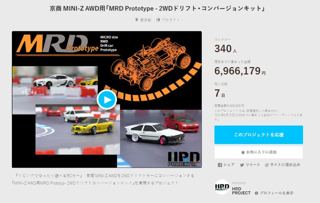 HRD PROJECT　"京商 MINI-Z AWD用「MRD Prototype - 2WDドリフト・コンバージョンキット」"クラウドファンディング　2024年5月14日 時点進捗状況