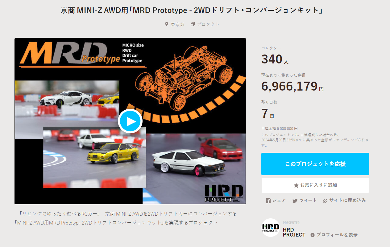 HRD PROJECT　”京商 MINI-Z AWD用「MRD Prototype – 2WDドリフト・コンバージョンキット」”クラウドファンディング　2024年5月14日 時点進捗状況