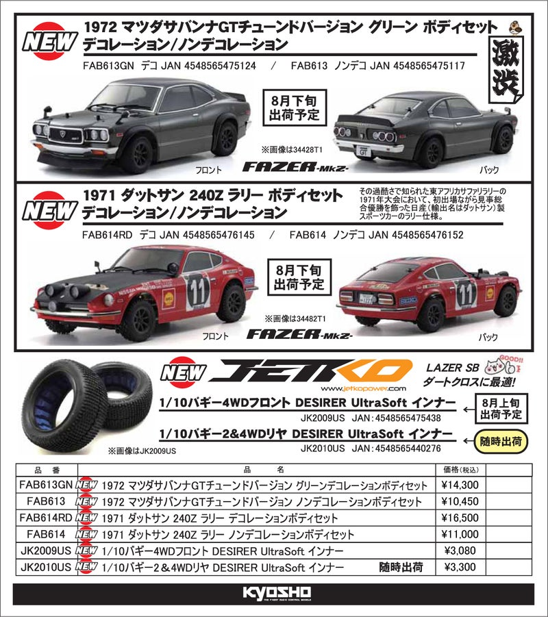 KYOSHO RC Information　FAZER 1972マツダサバンナ & 1971ダットサン240Zラリーボディを発表