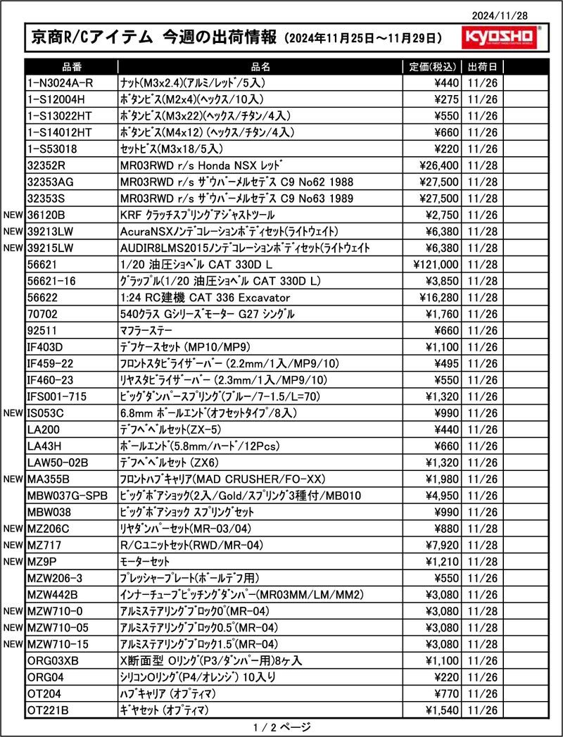 KYOSHO RC Information　今週の出荷情報（2024年11月25日～11月29日）