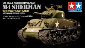 TAMIYA INC Youtube Channel 　■TAMIYA 1/16 R/C M4 SHERMAN（MECHANICAL STEERING SYSTEM）タミヤ M4シャーマン（105mm榴弾砲搭載型）メカニカルステアリングシステムの紹介