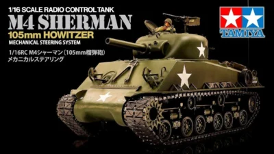 TAMIYA INC Youtube Channel 　■TAMIYA 1/16 R/C M4 SHERMAN（MECHANICAL STEERING SYSTEM）タミヤ M4シャーマン（105mm榴弾砲搭載型）メカニカルステアリングシステムの紹介