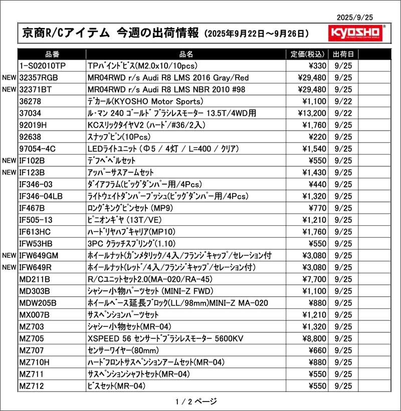 KYOSHO RC Information　今週の出荷情報（2025年9月22日～9月26日）