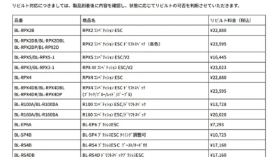 株式会社ヨコモ　スピードコントローラー製品別 リビルト料金表を公開