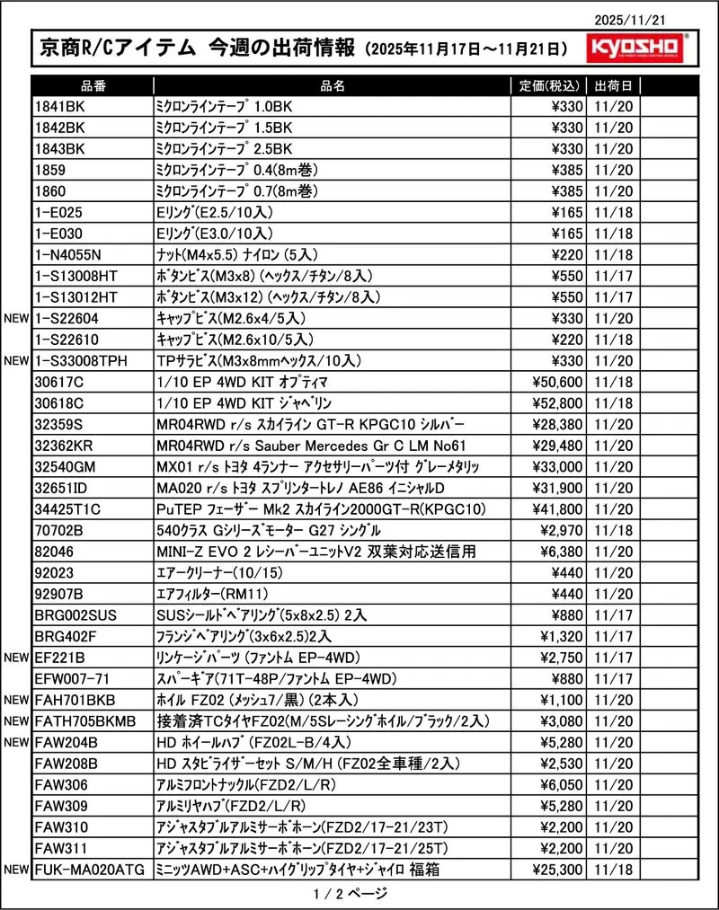 KYOSHO RC Information　今週の出荷情報（2025年11月17日～11月21日）