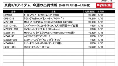KYOSHO RC Information　今週の出荷情報（2026年1月13日～1月16日）