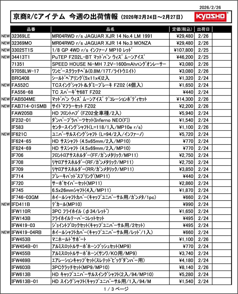KYOSHO RC Information　今週の出荷情報（2026年2月24日～2月27日）