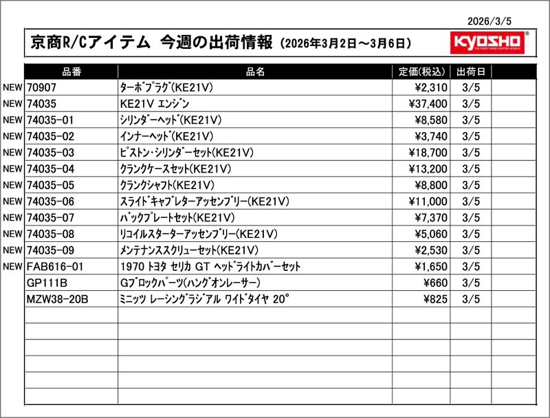 KYOSHO RC Information　今週の出荷情報（2026年3月2日～3月6日）