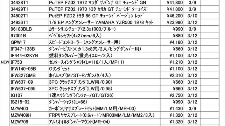 KYOSHO RC Information　今週の出荷情報（2026年3月9日～3月13日）