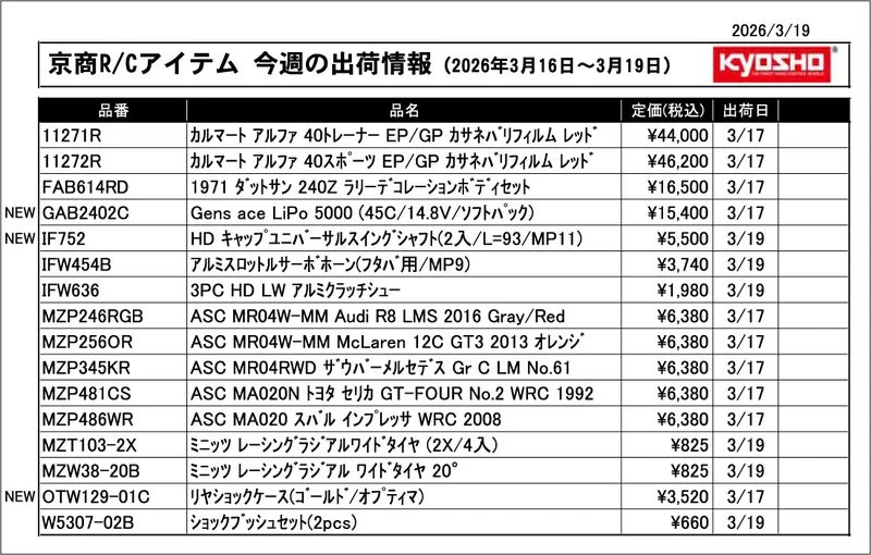 KYOSHO RC Information　今週の出荷情報（2026年3月16日～3月19日）