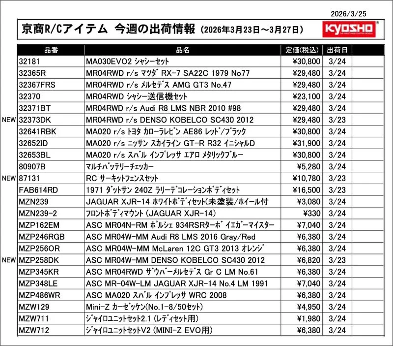 KYOSHO RC Information　今週の出荷情報（2026年3月23日～3月27日）