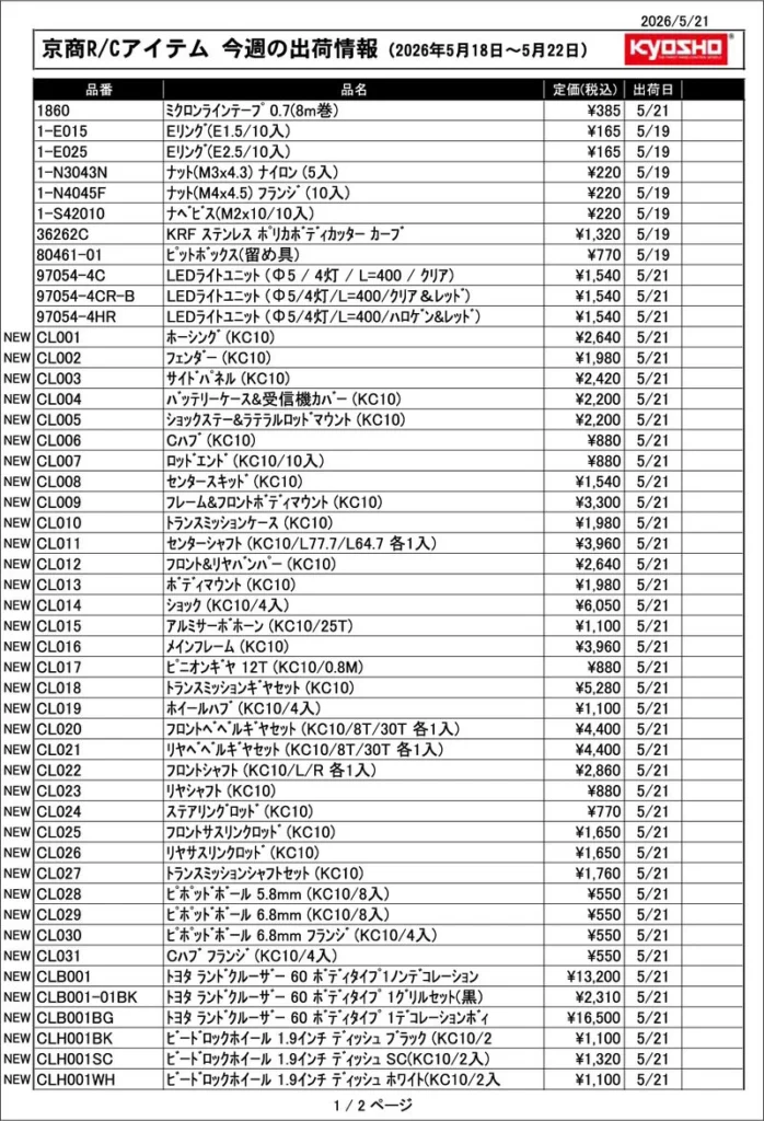 KYOSHO RC Information　今週の出荷情報（2026年5月18日～5月22日）