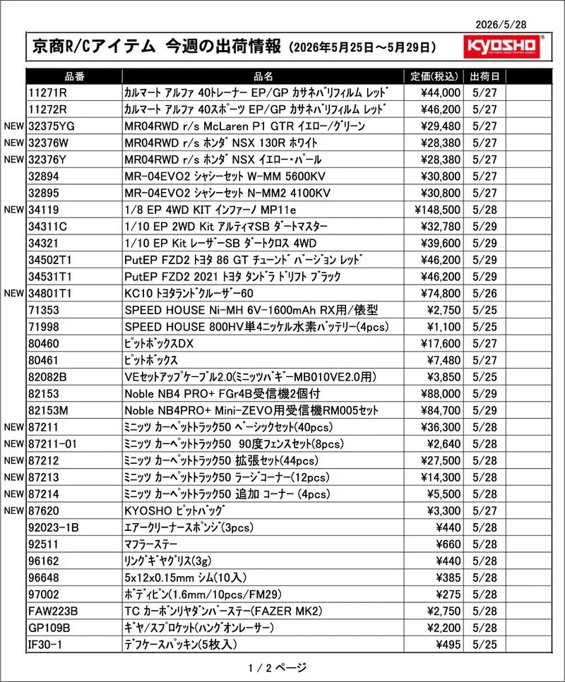 KYOSHO RC Information　今週の出荷情報（2026年5月25日～5月29日）