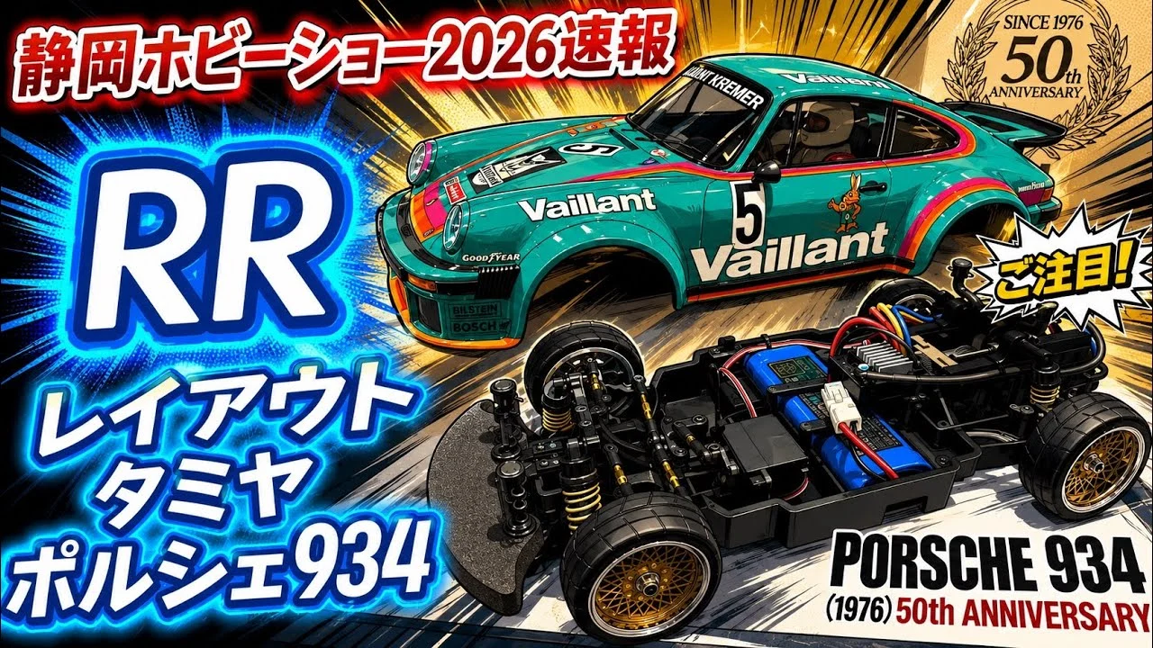 すだぴょんRCチャンネル　■【静岡ホビーショー2026速報】リヤモーター採用！タミヤ ポルシェ934（RC50周年）　ツインメッセ静岡