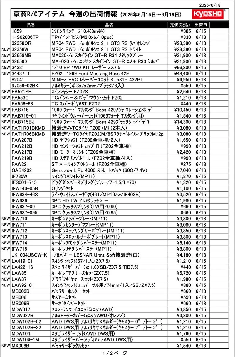 KYOSHO RC Information 今週の出荷情報（2026年6月15日～6月19日
