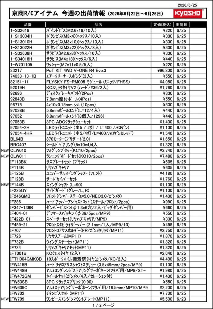 KYOSHO RC Information　今週の出荷情報（2026年6月22日～6月26日）