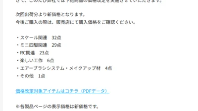 株式会社タミヤ　価格改定のご案内を発表