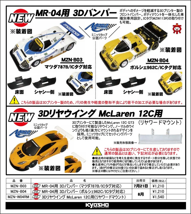 KYOSHO RC Information　ミニッツ MR-04LM用 3Dバンパー ＆ マクラーレン12C用 3Dリヤウイングを発表